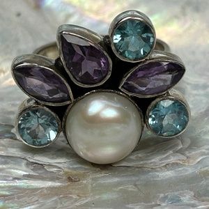 Pearl, blue topaz and amethyst sterling silver ring